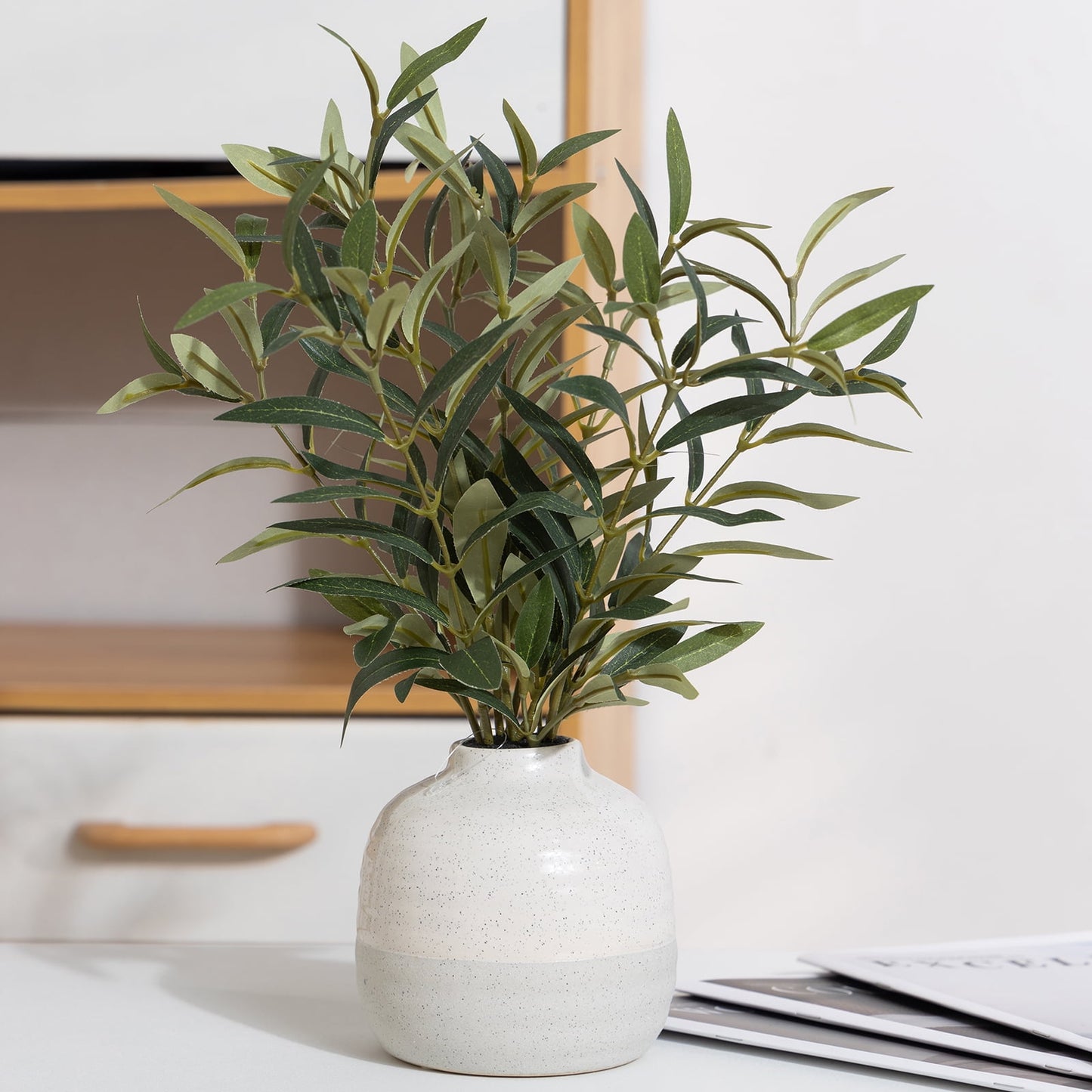 14" Indoor Artificial Olive Plant in Two-Tone Ceramic Vase
