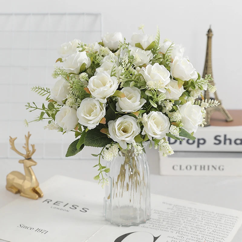 30Cm Rose White Silk Bouquet Peony Artificial Flower 5 Big Head 4 Small Bud Wedding Brides Home Decoration Artificial Flower