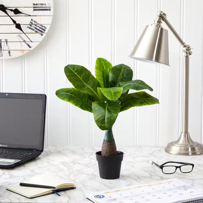 🍌 16-Inch Mini Artificial Banana Plant in White Pot