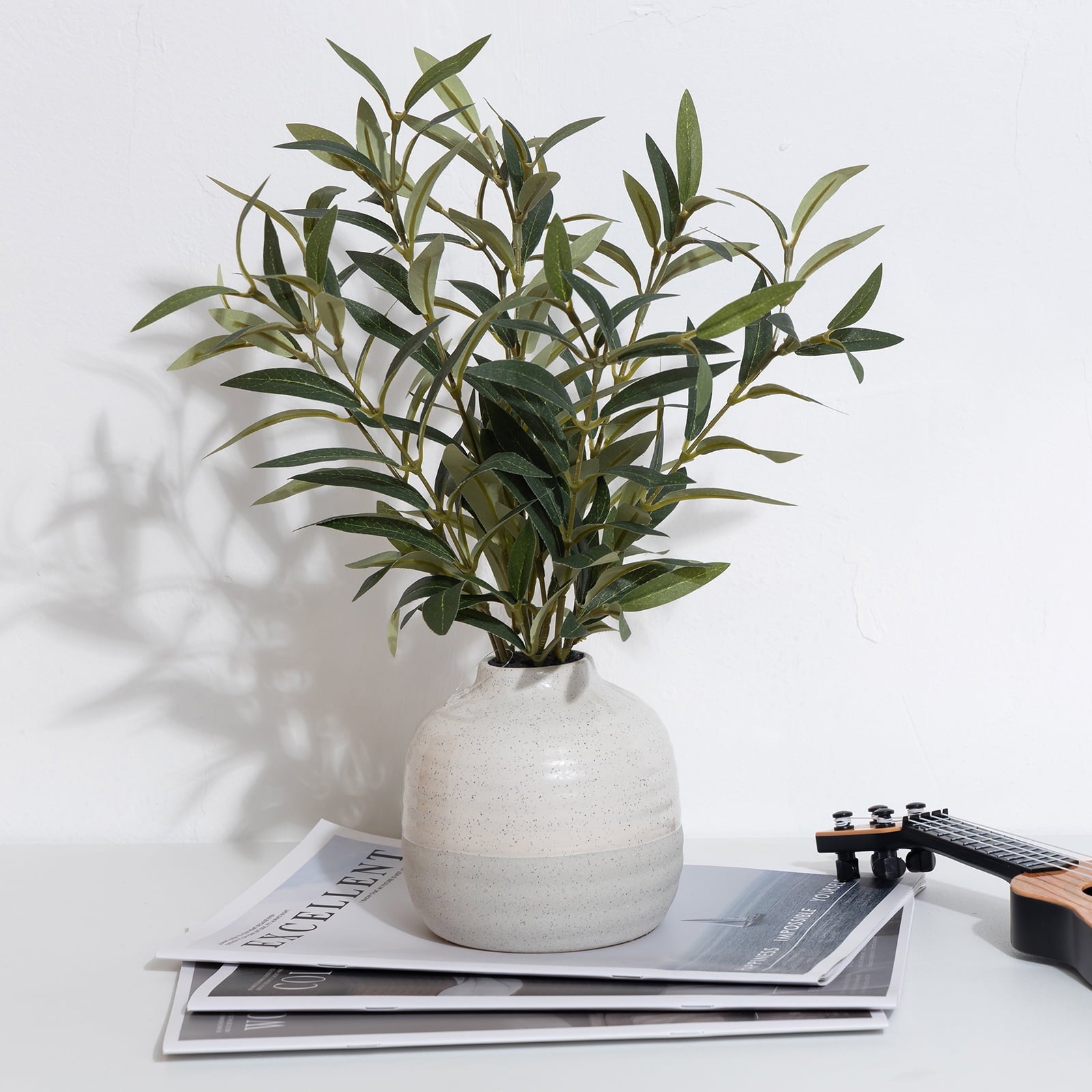 14" Indoor Artificial Olive Plant in Two-Tone Ceramic Vase