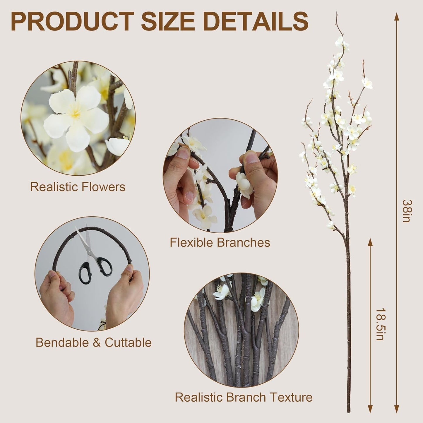 6Pcs Cherry Blossom Branches 39 Inch Artificial Cherry Blossom Decor for Spring Decorations for Home, Faux Long Stem Artificial Flowers for Tall Vase Wedding Party Office (6Pcs)