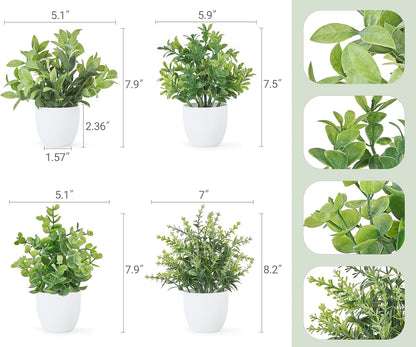 4 Packs Fake Plants Mini Artificial Greenery Potted Plants Faux Eucalyptus for Spring Decor Home Indoor Office Table Shelf Room Bathroom Farmhouse Decor (White)