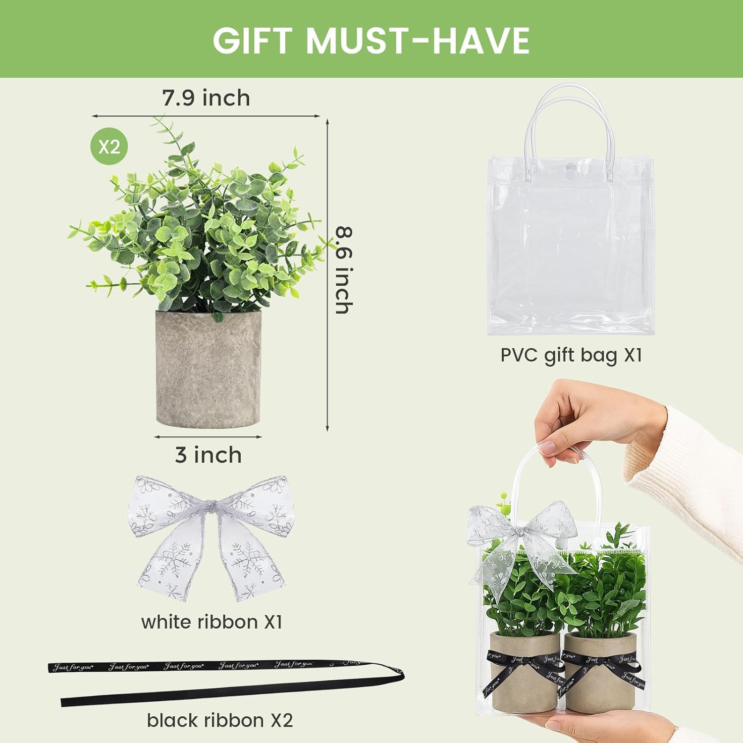 2 Pack Small Eucalyptus Plant, 8.6" Tall Small Fake Plants Potted Realistic Artificial Indoor Plants with Carry Bag for Bathroom Shelf Home Decor