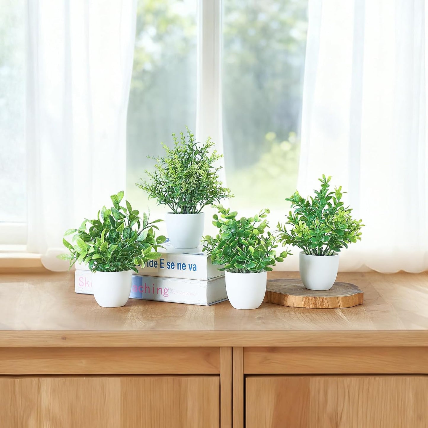 4 Packs Fake Plants Mini Artificial Greenery Potted Plants Faux Eucalyptus for Spring Decor Home Indoor Office Table Shelf Room Bathroom Farmhouse Decor (White)