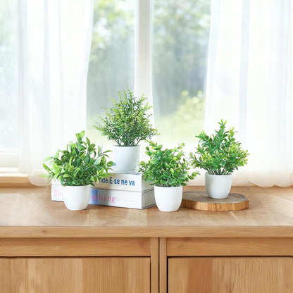 4 Packs Fake Plants Mini Artificial Greenery Potted Plants Faux Eucalyptus for Spring Decor Home Indoor Office Table Shelf Room Bathroom Farmhouse Decor (White)