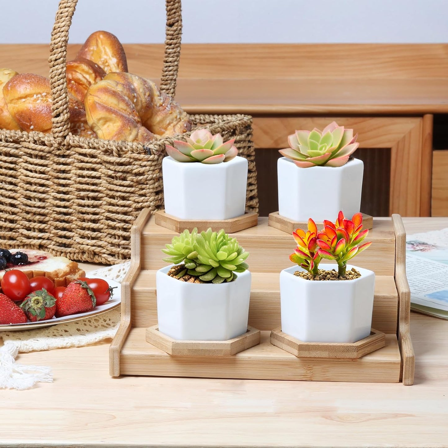 🌵 White Geometric Succulent Planters with Bamboo Trays (Set of 2)