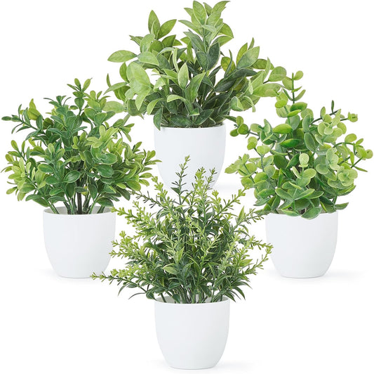 4 Packs Fake Plants Mini Artificial Greenery Potted Plants Faux Eucalyptus for Spring Decor Home Indoor Office Table Shelf Room Bathroom Farmhouse Decor (White)