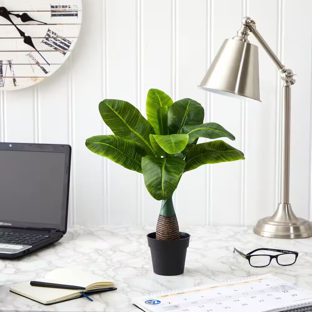 🍌 16-Inch Mini Artificial Banana Plant in White Pot