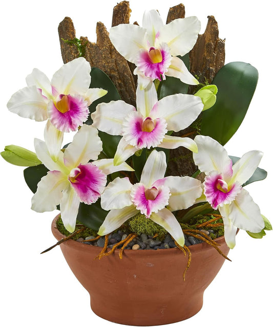 Cattleya Orchid Artificial Clay Vase Silk Arrangements, White