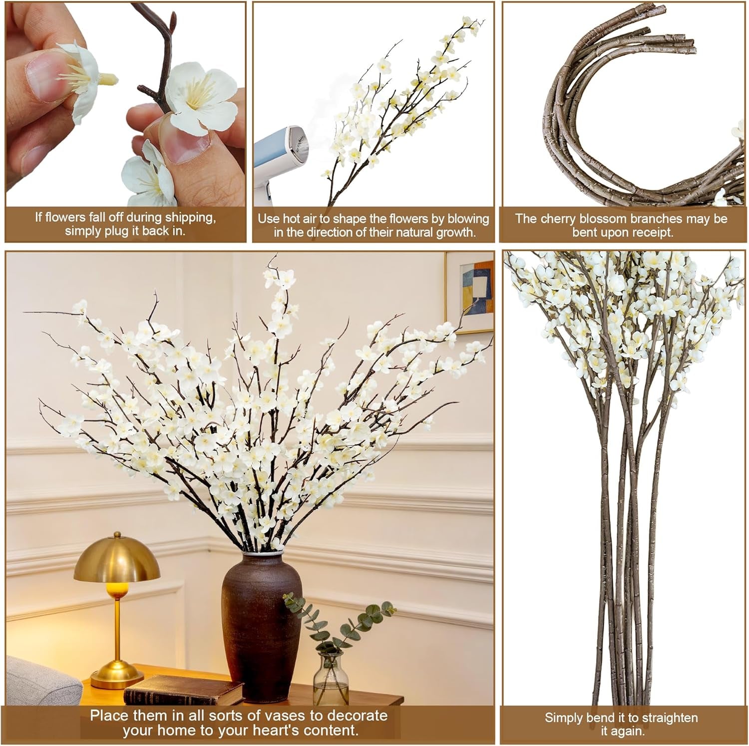 6Pcs Cherry Blossom Branches 39 Inch Artificial Cherry Blossom Decor for Spring Decorations for Home, Faux Long Stem Artificial Flowers for Tall Vase Wedding Party Office (6Pcs)
