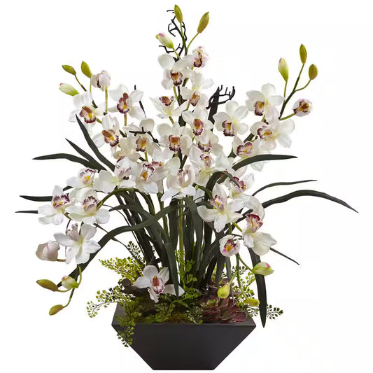 Artificial Cymbidium Orchid with Black Vase